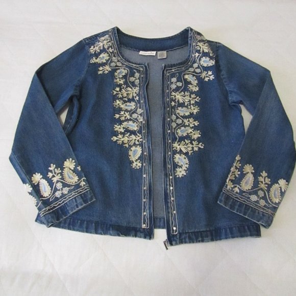 Women's Blue Denim Embroidered Jacket - Size M - Zip-Up Front Long Sleeve - Picture 2 of 5